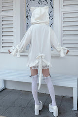 White Long Sleeves Cat Ears and Tail  Ruffle Bowknot Hooded Gothic Jirai Kei Coat - Product - 3