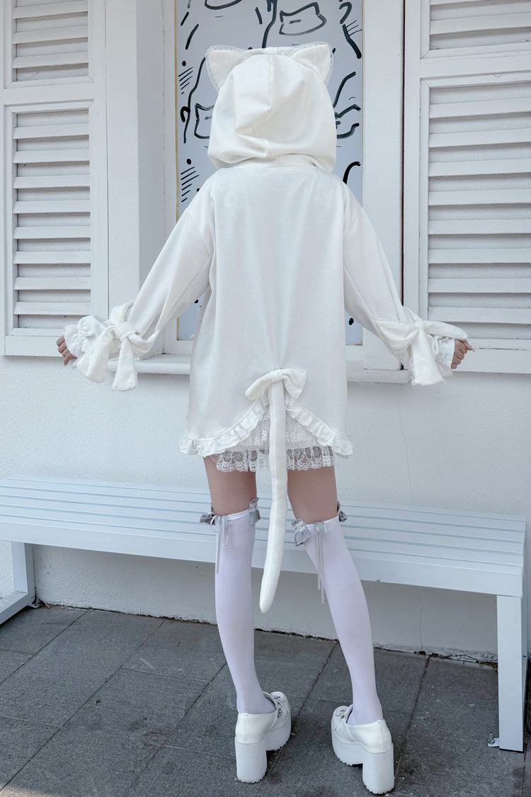 White Long Sleeves Cat Ears and Tail  Ruffle Bowknot Hooded Gothic Jirai Kei Coat - Product - 3