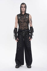 Black Sleeveless Slim  Skull Hooded Mesh Eyelet Men's Punk Cool Vest - Product - 2