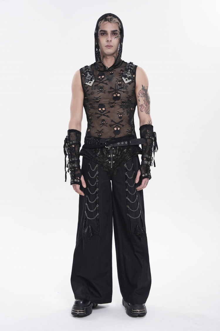 Black Sleeveless Slim  Skull Hooded Mesh Eyelet Men's Punk Cool Vest - Product - 2