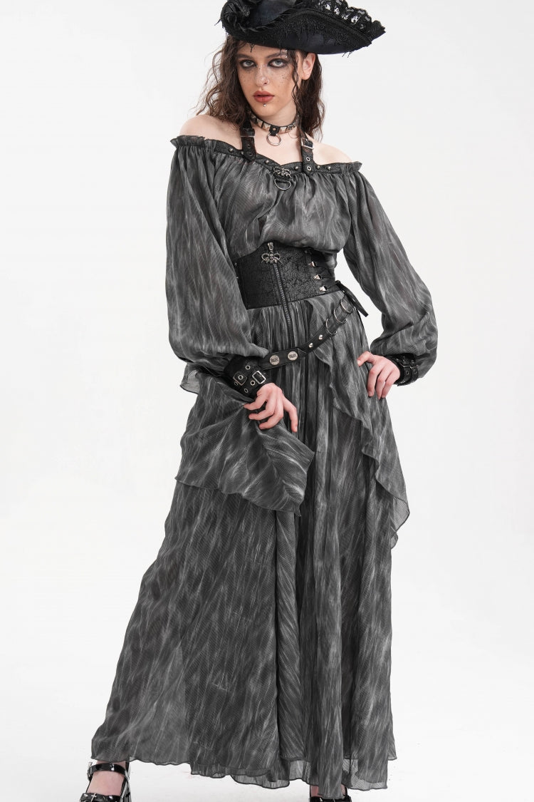 Grey Buckle-up Halterneck Long Sleeves Women's Gothic Blouse - Grey - 1