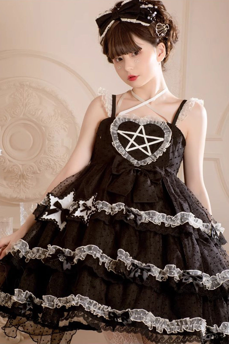 Black [Du Meisha's Star Wish] Sleeveless Triple-Layered Jacquard Ruffle Bowknot Sweet Gothic Lolita Jsk Dress - Black - 1