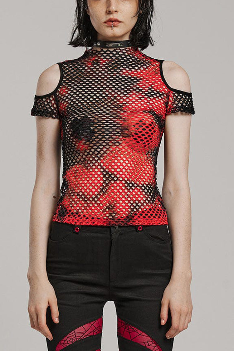 High Collar Hollow Stitching Tie-dyed Off-The-Shoulder Womens Steampunk T-Shirt 3 Colors - Red/Black - 1