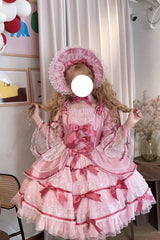 Pink [Velvet Cake] Long Trumpet Sleeves Multi-Layered Ruffle Bowknot Lace Sweet Lolita Dress - Product - 6