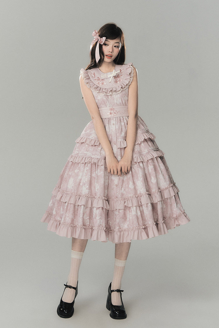 Pink [Sacred Heart Lily] Round Collar Sleeveless Multi-Layered Printed Ruffled Embroidered Sweet Chinese Inspired Lolita Jumper Dress - Product - 2