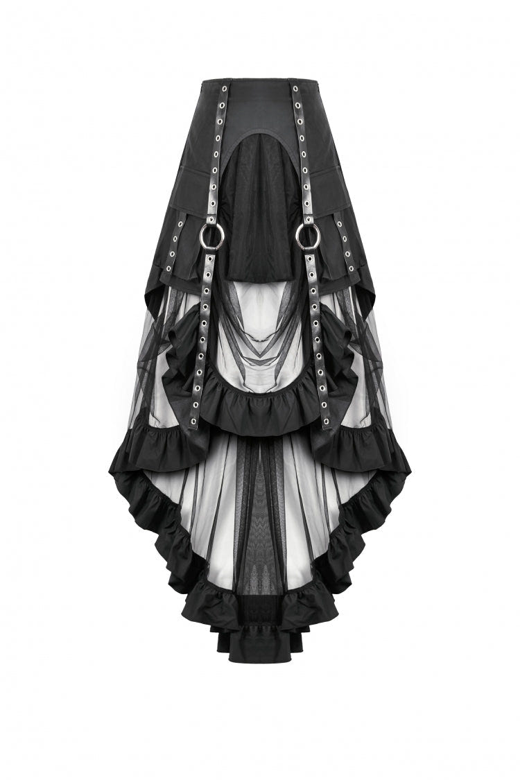 Black Eyelet Straps Women's High-Low Multi-Layered Ruffled Sheer Mesh Punk Skirt - Product - 3