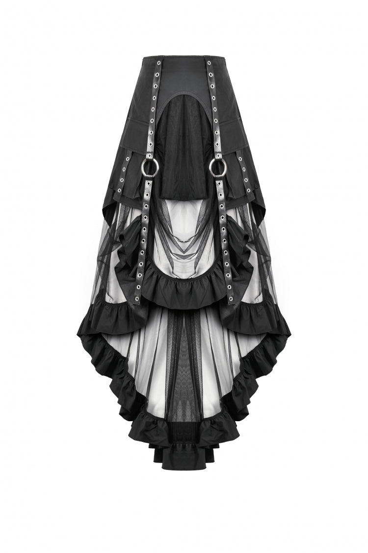 Black Eyelet Straps Women's High-Low Multi-Layered Ruffled Sheer Mesh Punk Skirt - Product - 3
