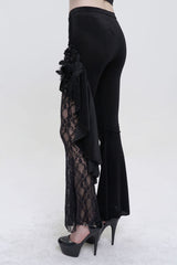 Black Velvet Single Side Stitching Rose Net Side Rope Decoration Asymmetric Pattern Flare Women's Gothic Pants - Product - 4
