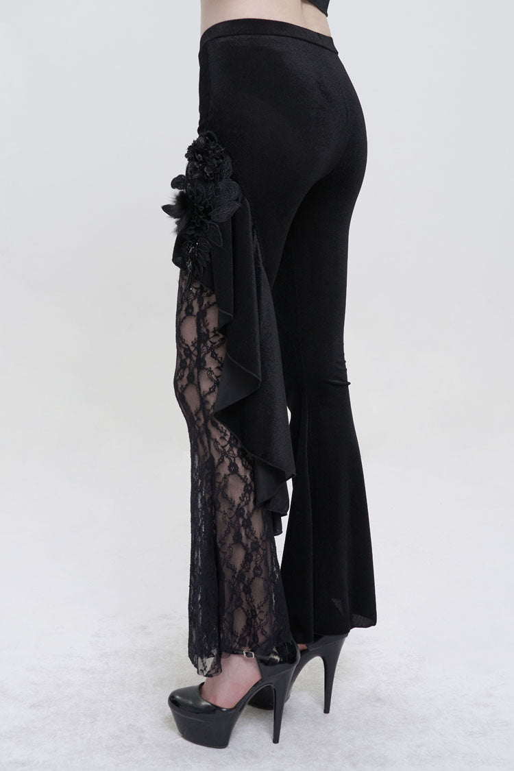 Black Velvet Single Side Stitching Rose Net Side Rope Decoration Asymmetric Pattern Flare Women's Gothic Pants - Product - 4