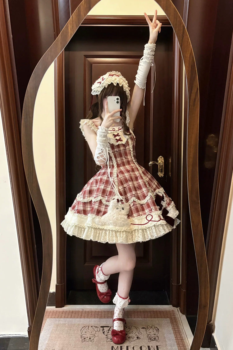 Red Square Collar Sleeveless Plaid Printed Bow Spliced Lace Sweet Lolita Jsk Dress Set - Product - 2