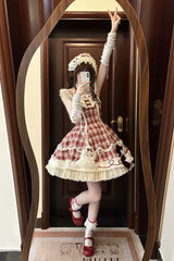 Red Square Collar Sleeveless Plaid Printed Bow Spliced Lace Sweet Lolita Jsk Dress Set - Product - 2