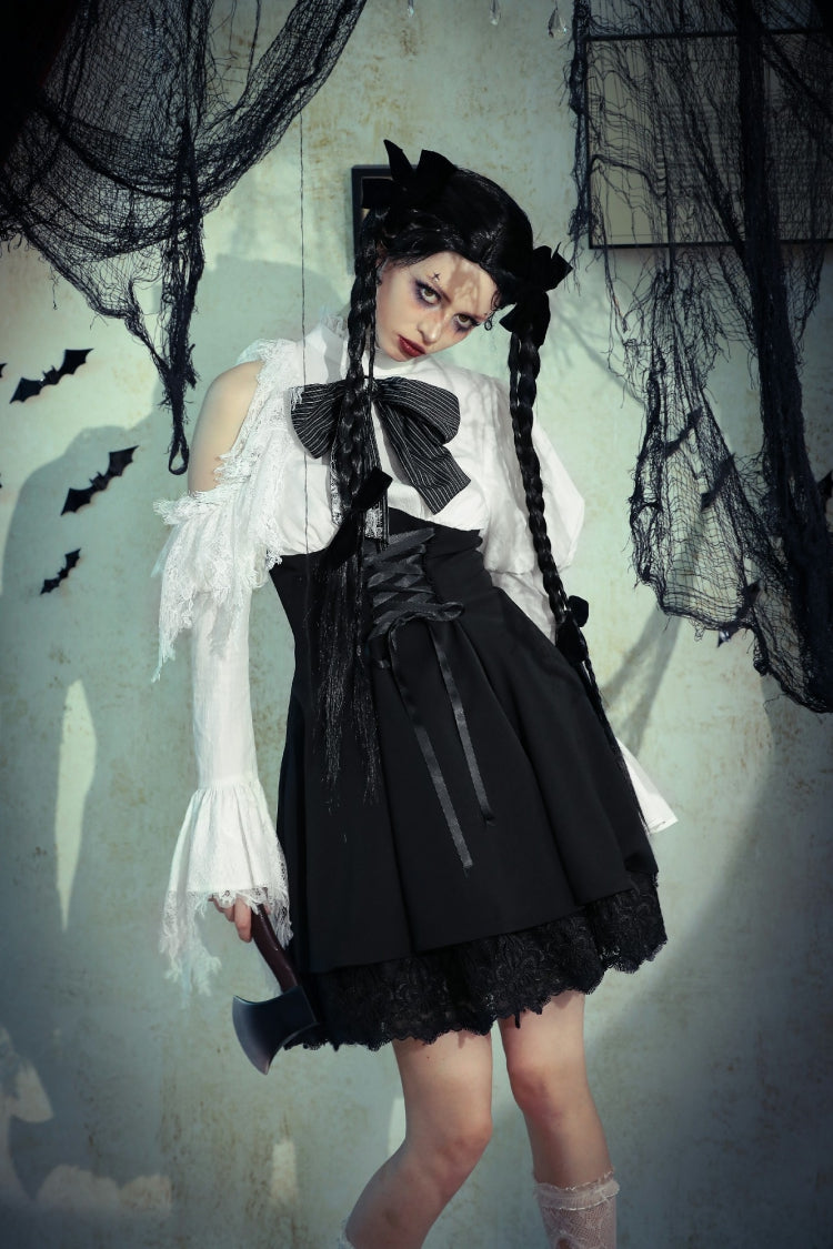 Black/White Lace High Collar Asymmetric Long Trumpet Puff Sleeves Bowknot Women's Lolita Gothic Short Dress - Product - 20