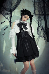 Black/White Lace High Collar Asymmetric Long Trumpet Puff Sleeves Bowknot Women's Lolita Gothic Short Dress - Product - 20