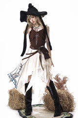 Brown/White [Dune Shadow Seeker] Sleeveless Ruffled Embroidered Irregular Vintage Lolita Skirt Set - Product - 9