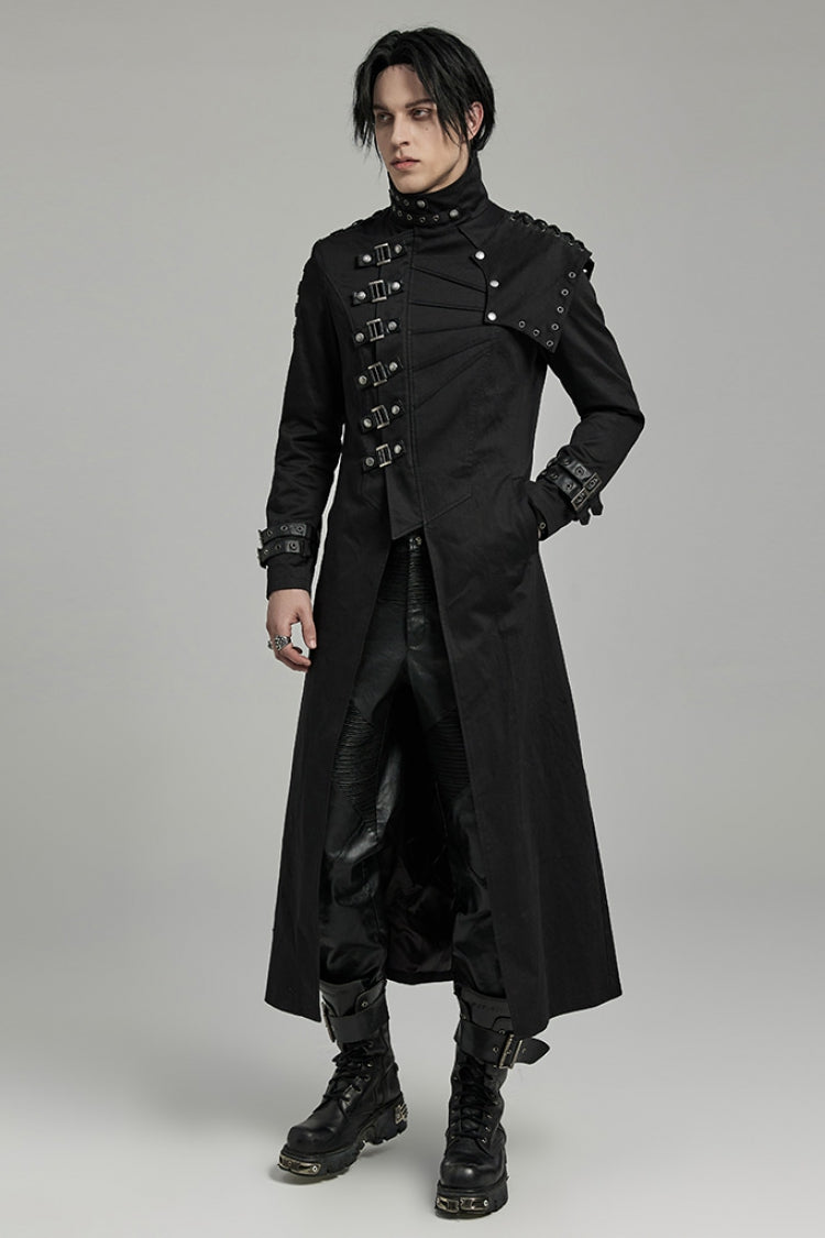 Black Stand Collar Slim Detachable Shoulder Pad Men's Gothic Coat - Product - 2