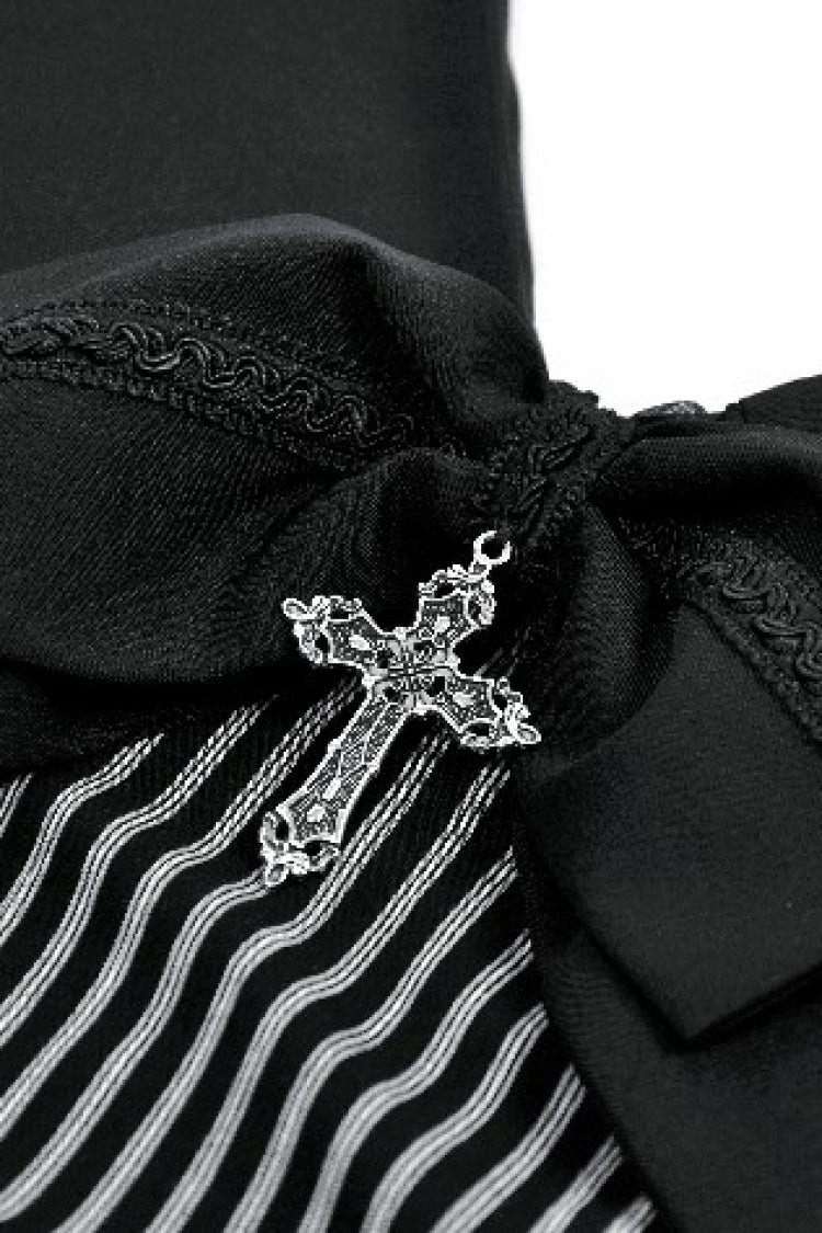 Black/Grey Navy Collar Sleeveless Bow Lace-Up Pinstripe Multi-Layered Ruffled Women's Gothic Dress - Product - 14