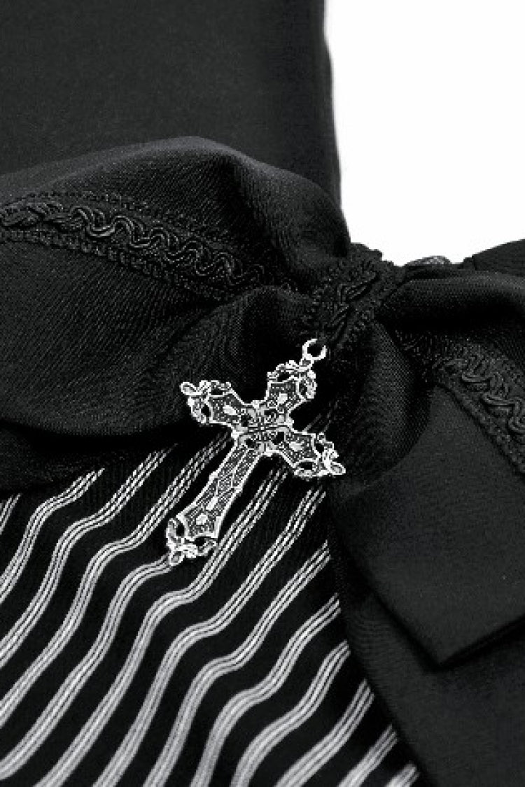 Black/Grey Navy Collar Sleeveless Bow Lace-Up Pinstripe Multi-Layered Ruffled Women's Gothic Dress - Product - 14