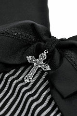 Black/Grey Navy Collar Sleeveless Bow Lace-Up Pinstripe Multi-Layered Ruffled Women's Gothic Dress - Product - 14