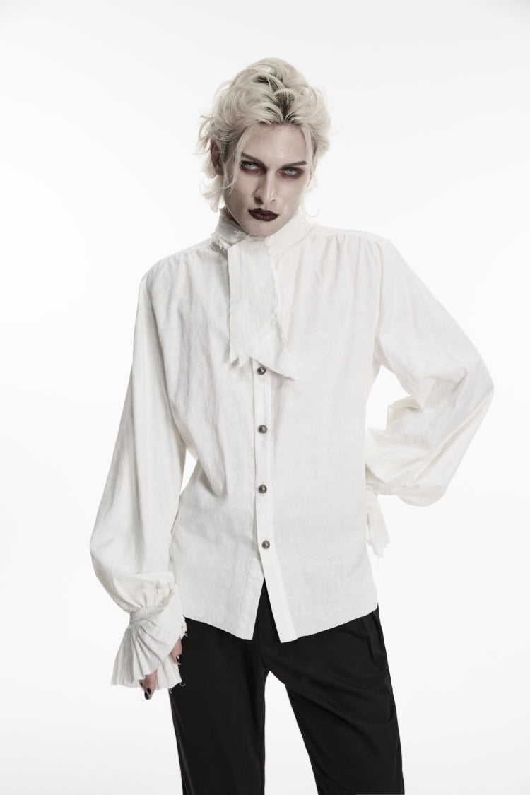 White Stand Collar Long Puff Sleeves Jacquard Detachable Tie Men's Gorgeous Shirt - Product - 6