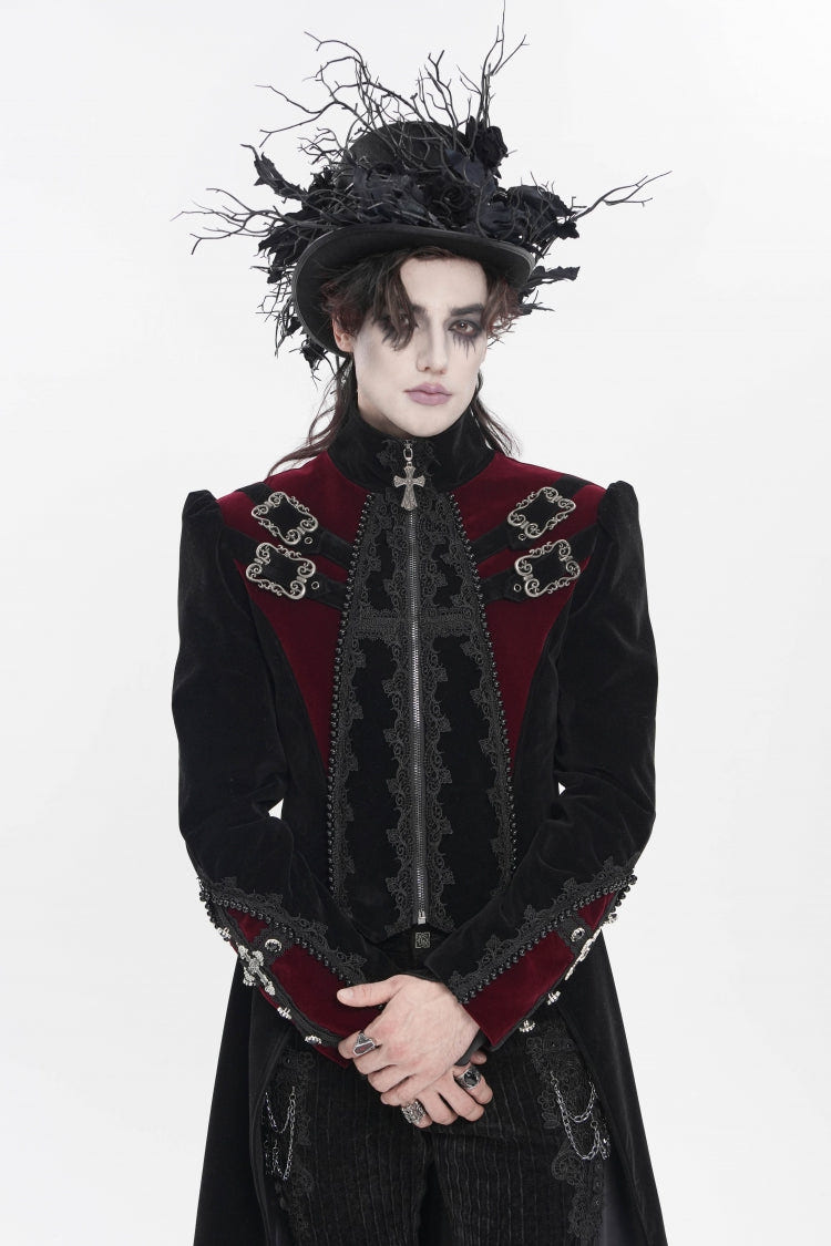 Black Stand Collar Long Sleeves Embroidered Color-Blocked Buckled Zippered Men's Gothic Palace Jacket - Product - 12