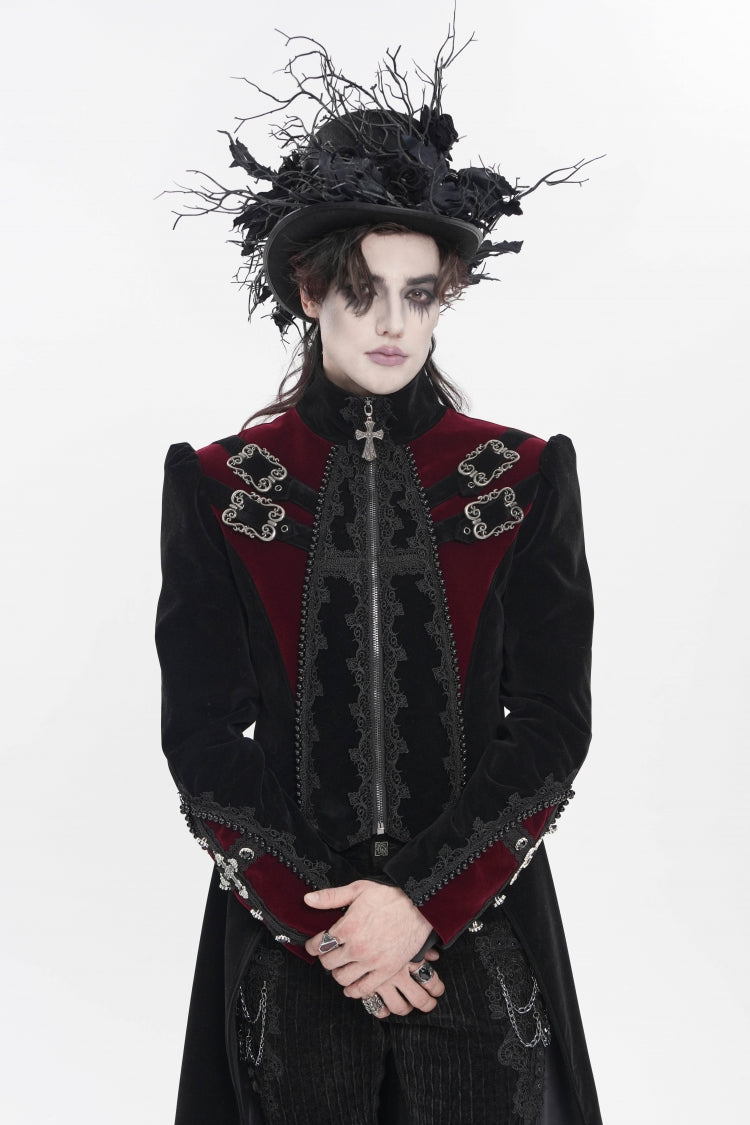 Black Stand Collar Long Sleeves Embroidered Color-Blocked Buckled Zippered Men's Gothic Palace Jacket - Product - 12