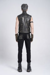 Black Stand Collar Sleeveless Strappy Stitching Zipper Men's Gothic Vest - Product - 9