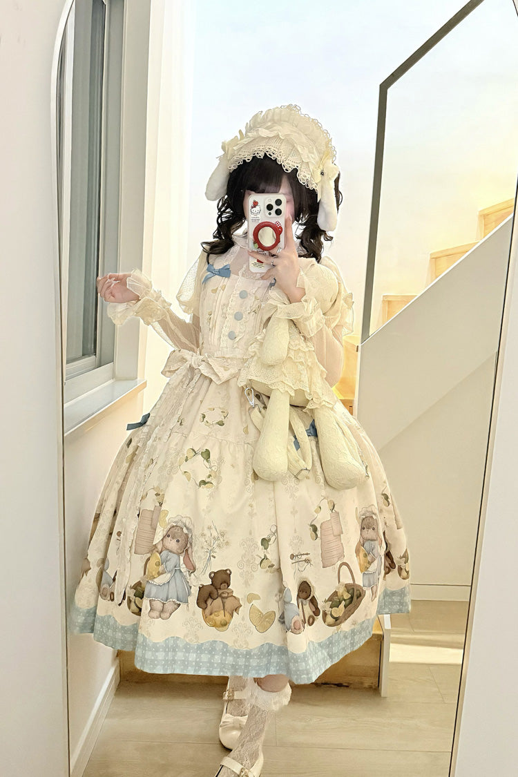 Ivory [Midsummer Bunny Bear] Printed Ruffled Bow Sweet Lolita Dress 2 Versions - Product - 4