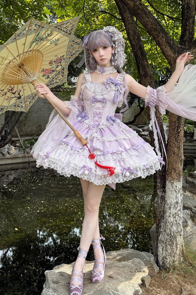 Purple [Prelude of Spring Cherry] Square Collar Sleeveless Multi-Layered Jacquard Ruffled Bow Lace Pearl-Decorated Sweet Lolita Jsk Dress - Product - 9