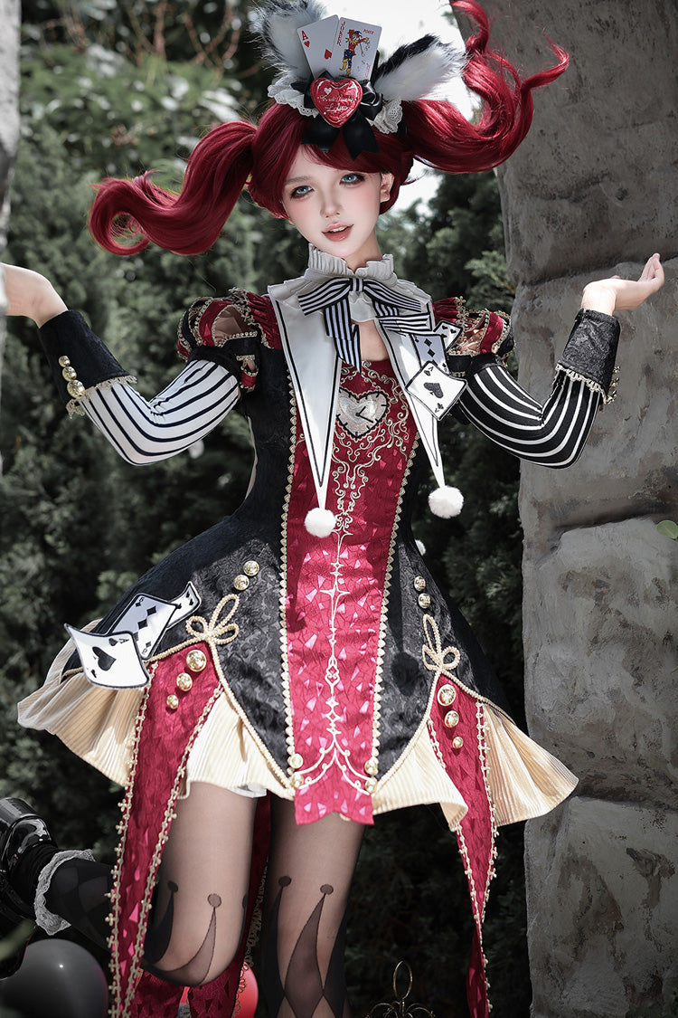 Black/Red [Circus Fantasy Night] Stand Collar Long Sleeves Jacquard Bow Gothic Lolita Dress Set - Product - 8