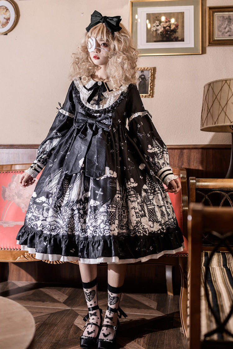 Black [Castle Night] Print Long Sleeves Ruffle Bowknot Gothic Lolita Dress - Black - 1