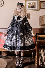 Black [Castle Night] Print Long Sleeves Ruffle Bowknot Gothic Lolita Dress - Black - 1