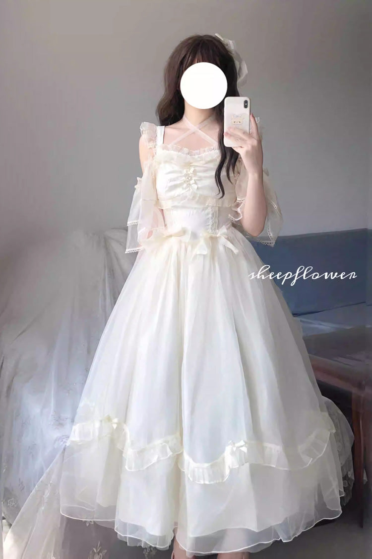 Spring Confession Ruffle Bowknot Mesh Sweet Lolita Jsk Dress (Long and Short Version) 2 Colors - Ivory - 1