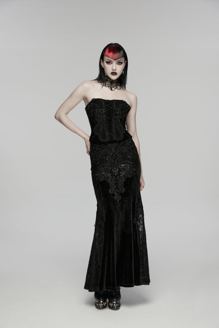 Black Cut-Out Embroidered Lace Slim Fishbone Women's Gothic Elegant Gorgeous Skirt - Product - 3