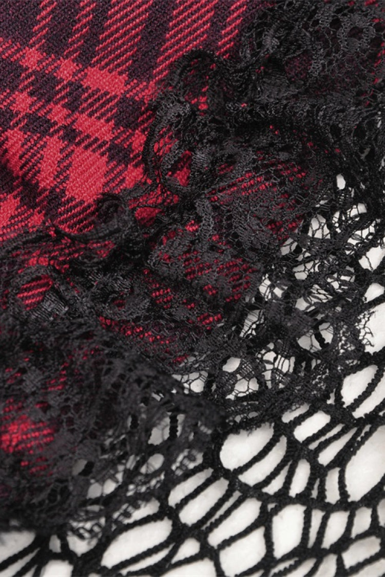 Red Sleeveless Hem Plaid Layered Lace Women's Punk Mini Strap Dress - Product - 18