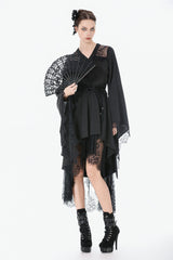 Black V Collar Long Trumpet Sleeves Lace Sheer Women's Gothic Kimono High Low Long Dress - Product - 11