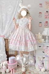 Ivory Cute Cat Print High Waisted Ruffle Bowknot Sweet Princess Lolita JSK Dress - Product - 7