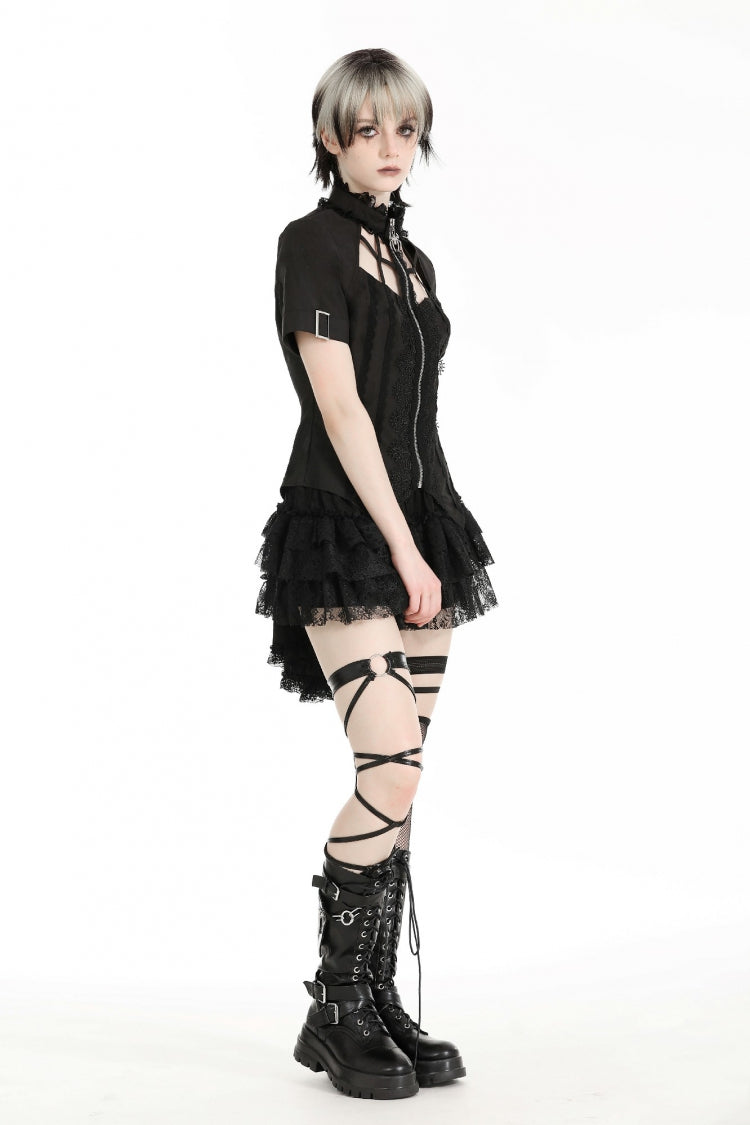 Black Stand Collar Short Sleeves Spider-Shaped Zippered Cut-Out Irregular Women's Punk Blouse - Product - 11