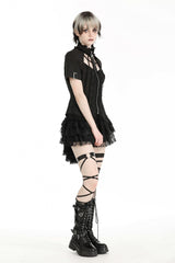 Black Stand Collar Short Sleeves Spider-Shaped Zippered Cut-Out Irregular Women's Punk Blouse - Product - 11