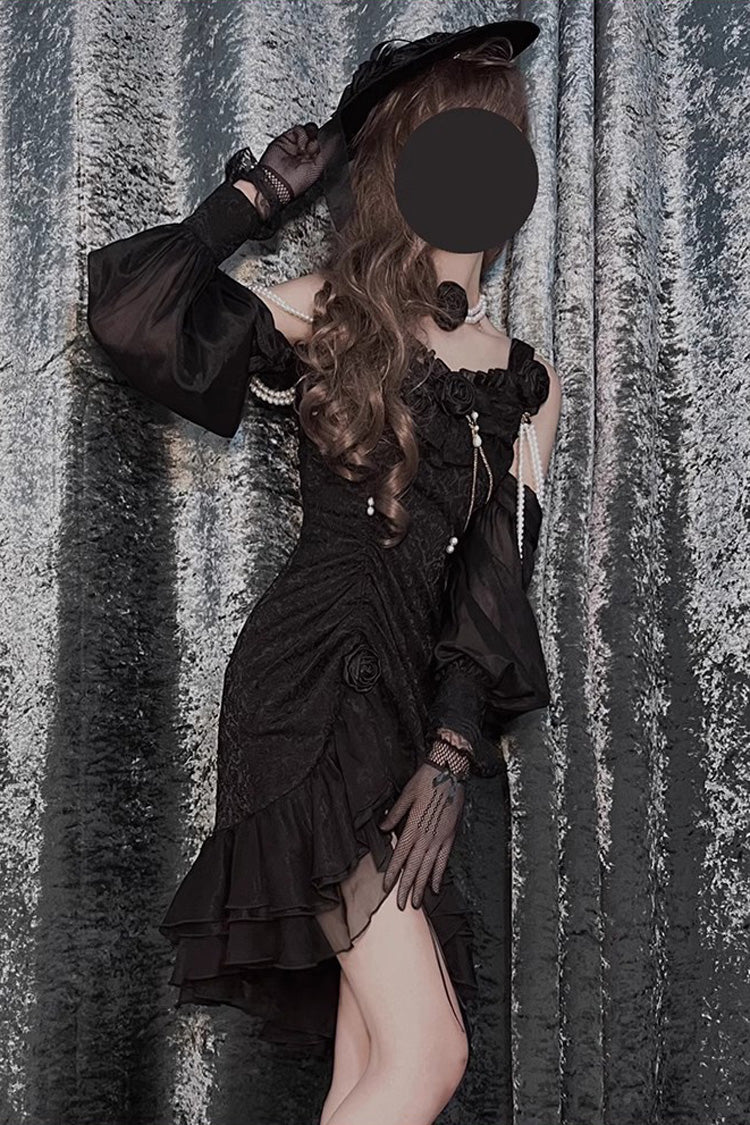 Black [Camellia 2.0] Sleeveless Jacquard Ruffle Lace Asymmetric Gothic Chinese Style Fishtail Lolita Jsk Dress - Product - 5