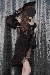 Black [Camellia 2.0] Sleeveless Jacquard Ruffle Lace Asymmetric Gothic Chinese Style Fishtail Lolita Jsk Dress - Product - 5