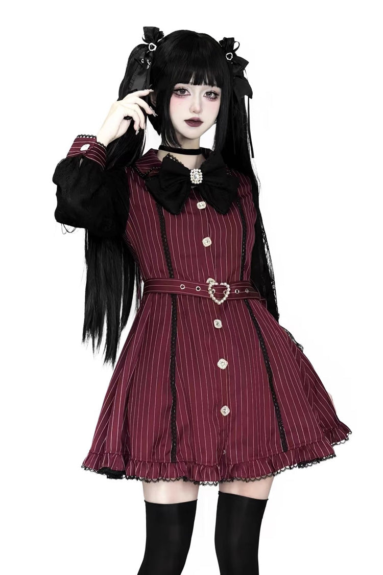 Red Long Sleeves Stripe Print Removable Cape Ruffle Lace Gothic Jirai Kei Elegant Dress - Product - 4