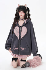 [Striped Bunny Ears] Long Sleeves Heart Print Embroidery Hooded Zipper Sweet Jirai Kei Cool Lolita Coat 2 Colors - Product - 11