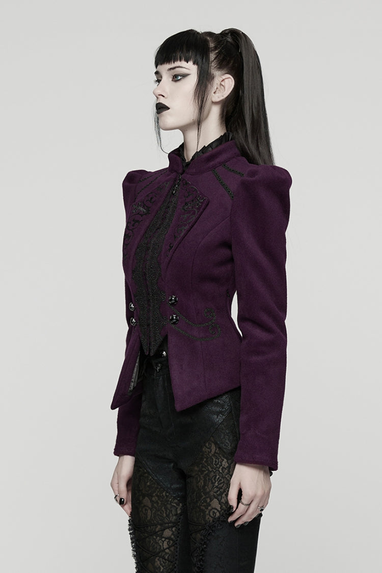 Purple Stand Collar Long Sleeves Embroidered Lace-Up Zippered Women's Gothic Jacket - Product - 2