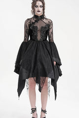 Black Long Sleeves Embroidery Lace Lace-Up Irregular Sheer Mesh Women's Gothic Dress - Product - 11