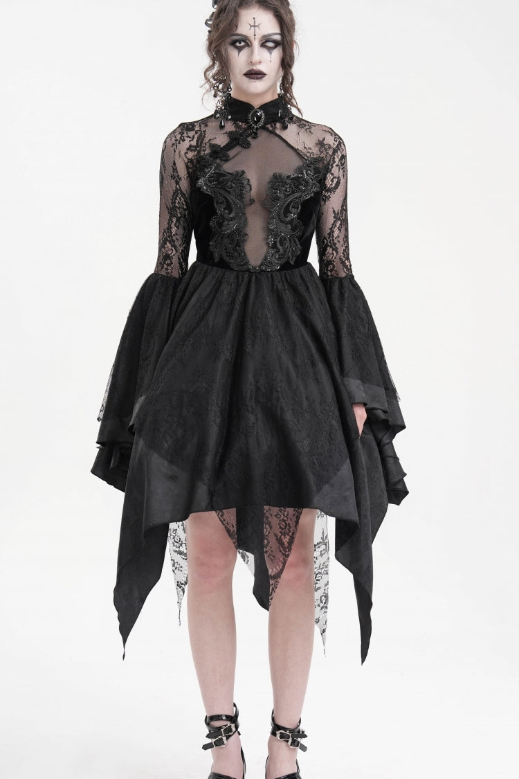 Black Long Sleeves Embroidery Lace Lace-Up Irregular Sheer Mesh Women's Gothic Dress - Product - 11