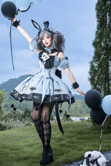 Blue [The Clock Rabbit's Card Game] Sleeveless Jacquard Ruffled Embroidered Bow Lace-Up Gothic Lolita Jsk Dress - Product - 10