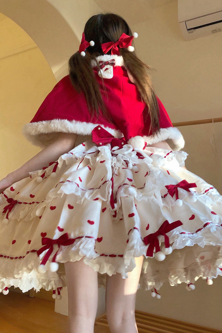 Red/Apricot Triple-Layered Print Ruffle Bowknot Lace Sweet Princess Lolita Dress Cloak Set - Product - 11