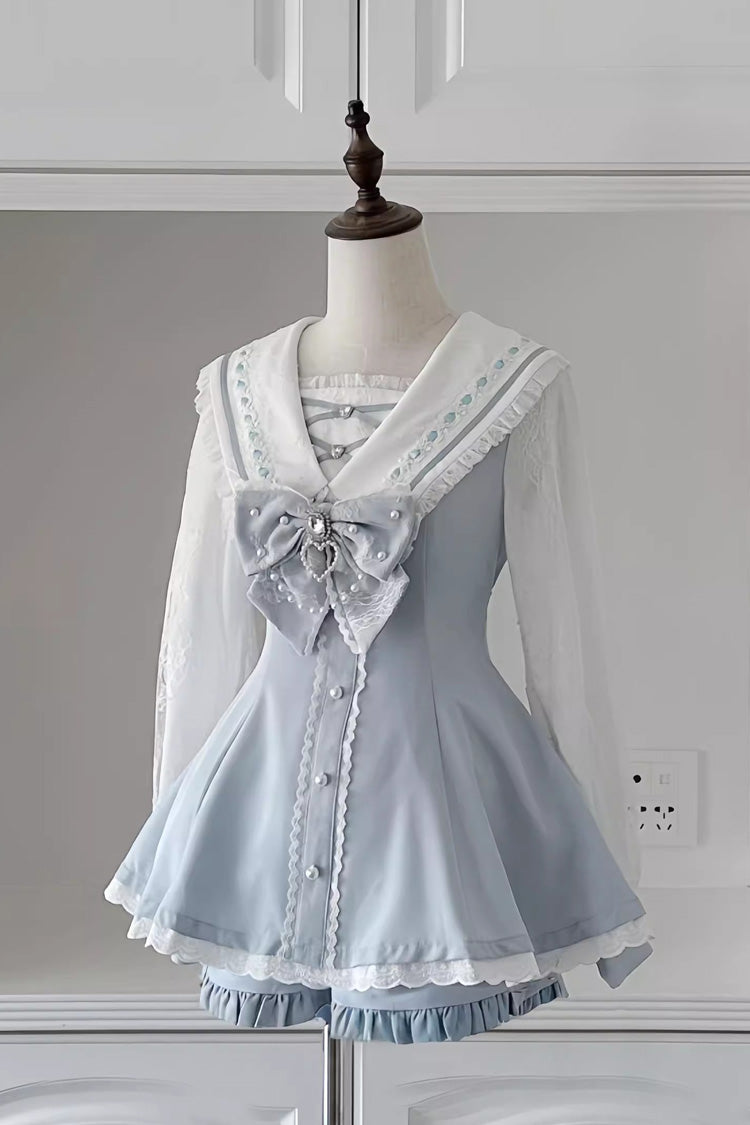 Sweet Long Sleeves Print Bowknot Jirai Kei Japanese Dress Set 3 Colors - Aqua - 1