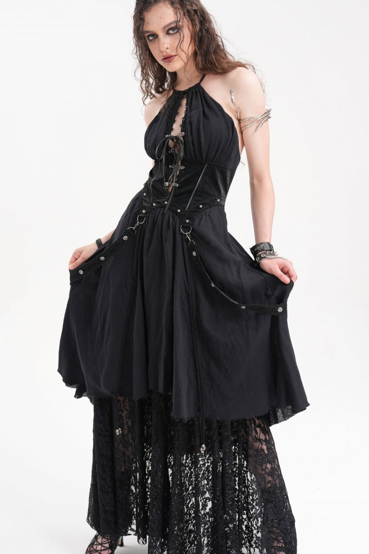 Black Halterneck Hollow Lace Women's Gothic Strap Maxi Dress - Product - 3