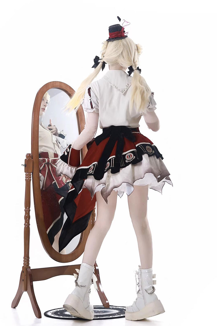 Red/White [Burning Finale] Lapel Collar Short Sleeves Ombre Embroidered Irregular Classic College Style Lolita Skirt Set - Product - 3
